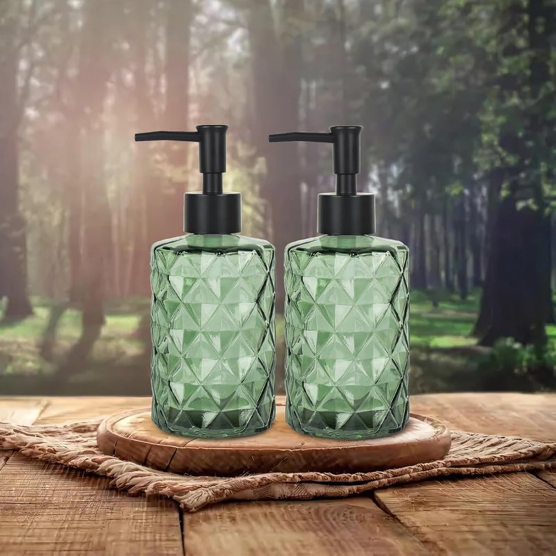 Ulable Clear Green Glass Soap Dispenser with Pump, 12oz Diamond Design Hand Soap Dispenser, Refillable Lotion Dispenser & Dish for Dishwashing Liquid, Shower Gel - Image 4